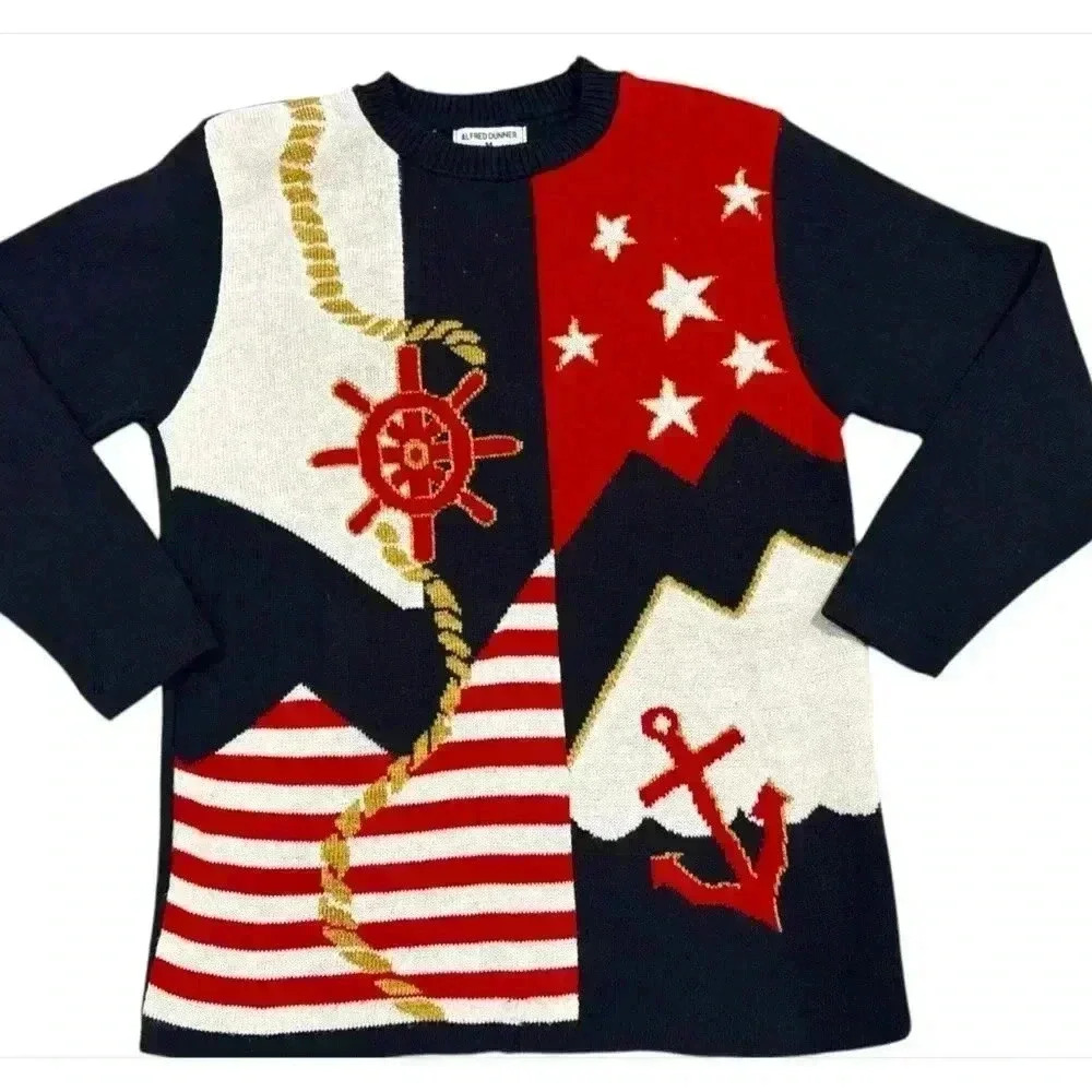 Alfred Dunner Red, White, & Blue Anchor Sailing Vintage Sweater Women’s Size M